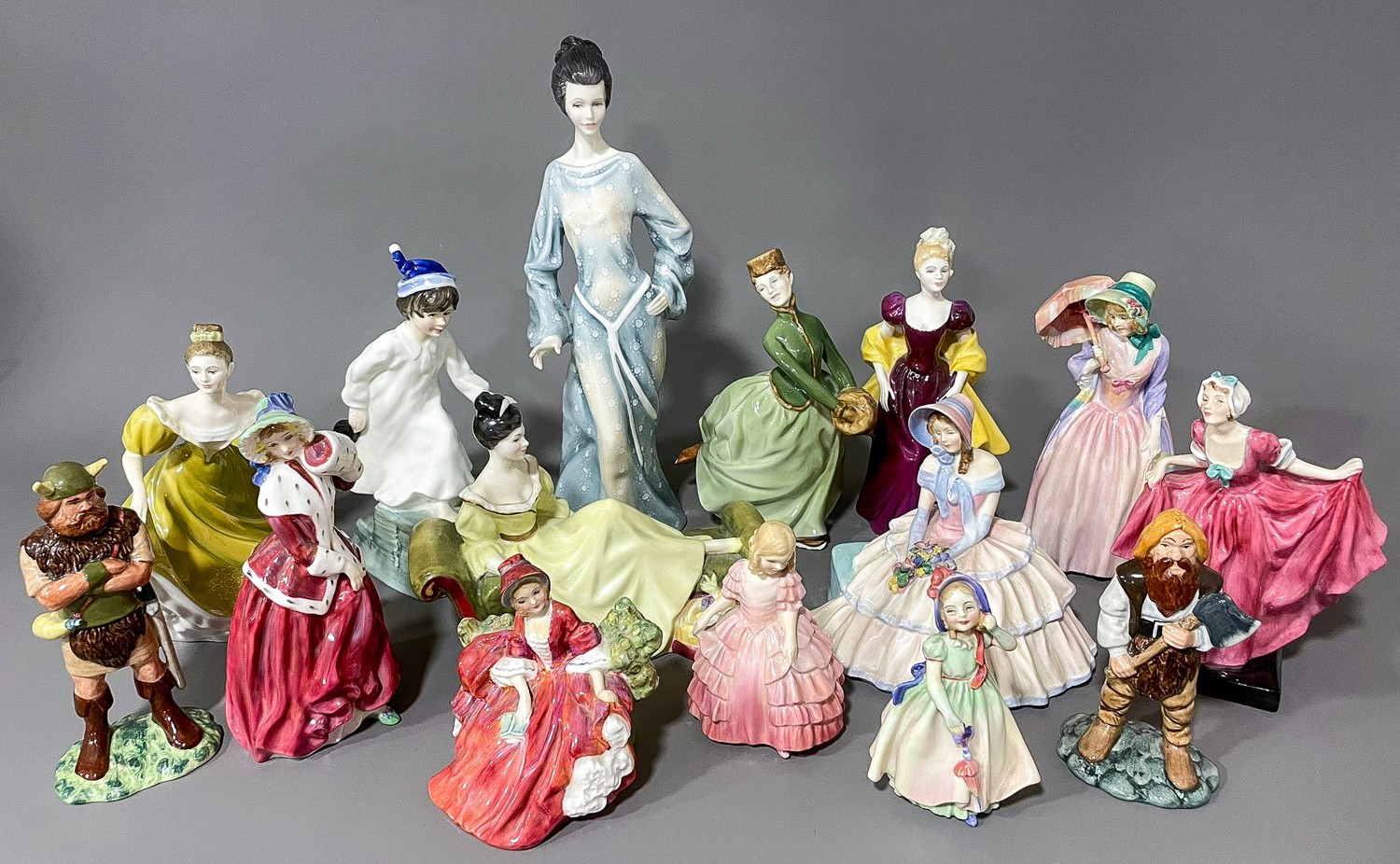 Collection of 15 Royal Doulton figurines including Delight, Rose, Lydia etc. (1 box)