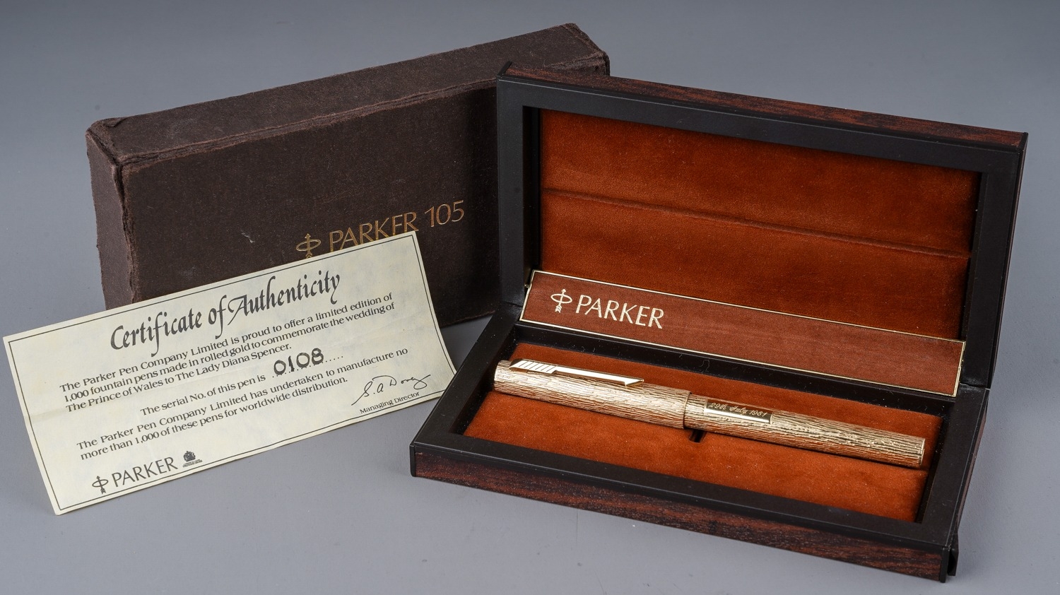 A Parker 105 rolled gold Royal Wedding 1981 commemorative fountain pen no. 108/1000, with - Image 2 of 7