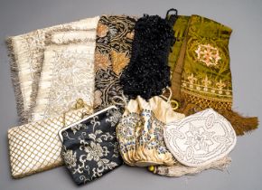 A collection of early 20th Century jet style beaded tassels, beaded Orr gold threaded throws