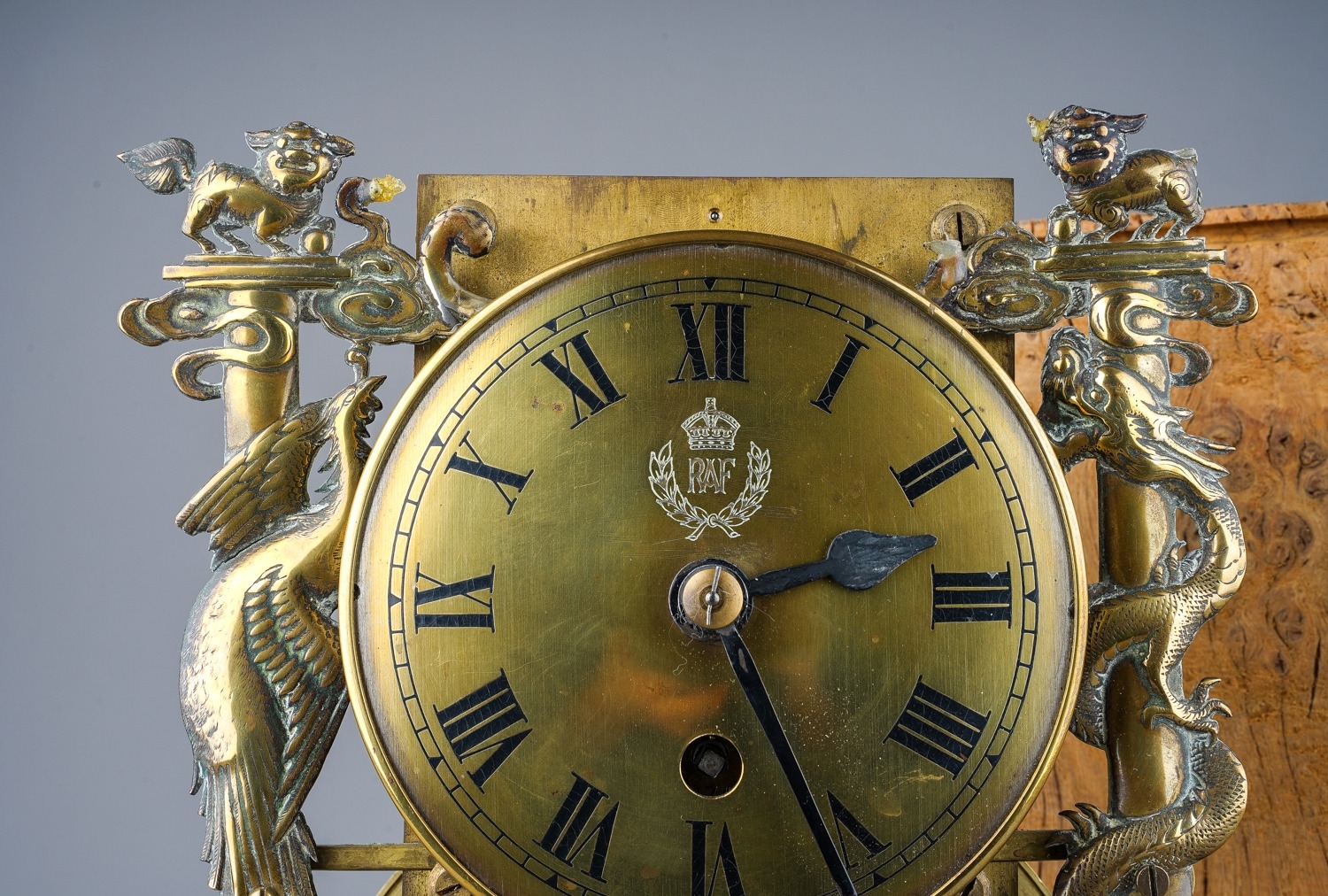 Unique British RAF Presentation clock in bronze, decorated with Peacocks and Lions. Missing the case - Image 2 of 5