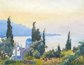 Francis le Marchant (British 1939-2016) Church above the Bay of Vathi, Samos oil on canvas laid on