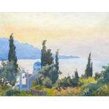 Francis le Marchant (British 1939-2016) Church above the Bay of Vathi, Samos oil on canvas laid on