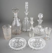 Assorted collection of moulded and cut glass to include: decanters, dishes, glasses, condiments,