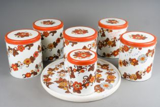 Kitchenalia: a set of six varios Retro kitchen storage tins and stand (7)