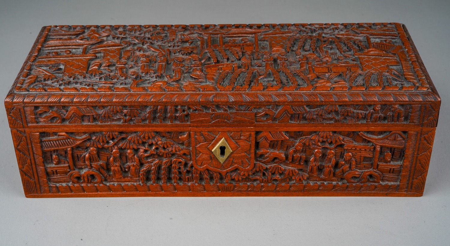 Chinese Canton carved Sandalwood/Boxwood box. Profusely carved with figures in a landscape. The - Image 3 of 3