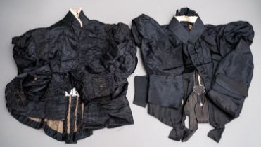 A collection of five late Victorian/Edwardian black bodice jackets, three silk and two wool; two