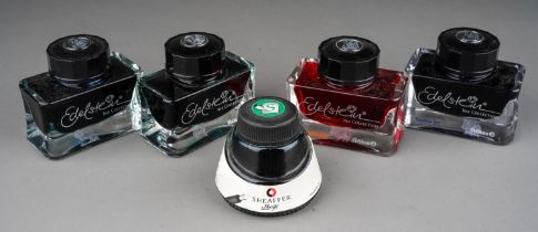 Four bottles of Edelstein Pelikan bottled ink in Sapphire, Jade, Mandarin, Topaz and Sheaffer bottle