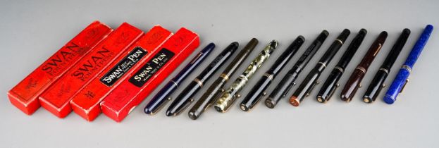 A collection of vintage Swan (Mabie Todd & Co Ltd) fountain pens, all nibs and barrels stamped to