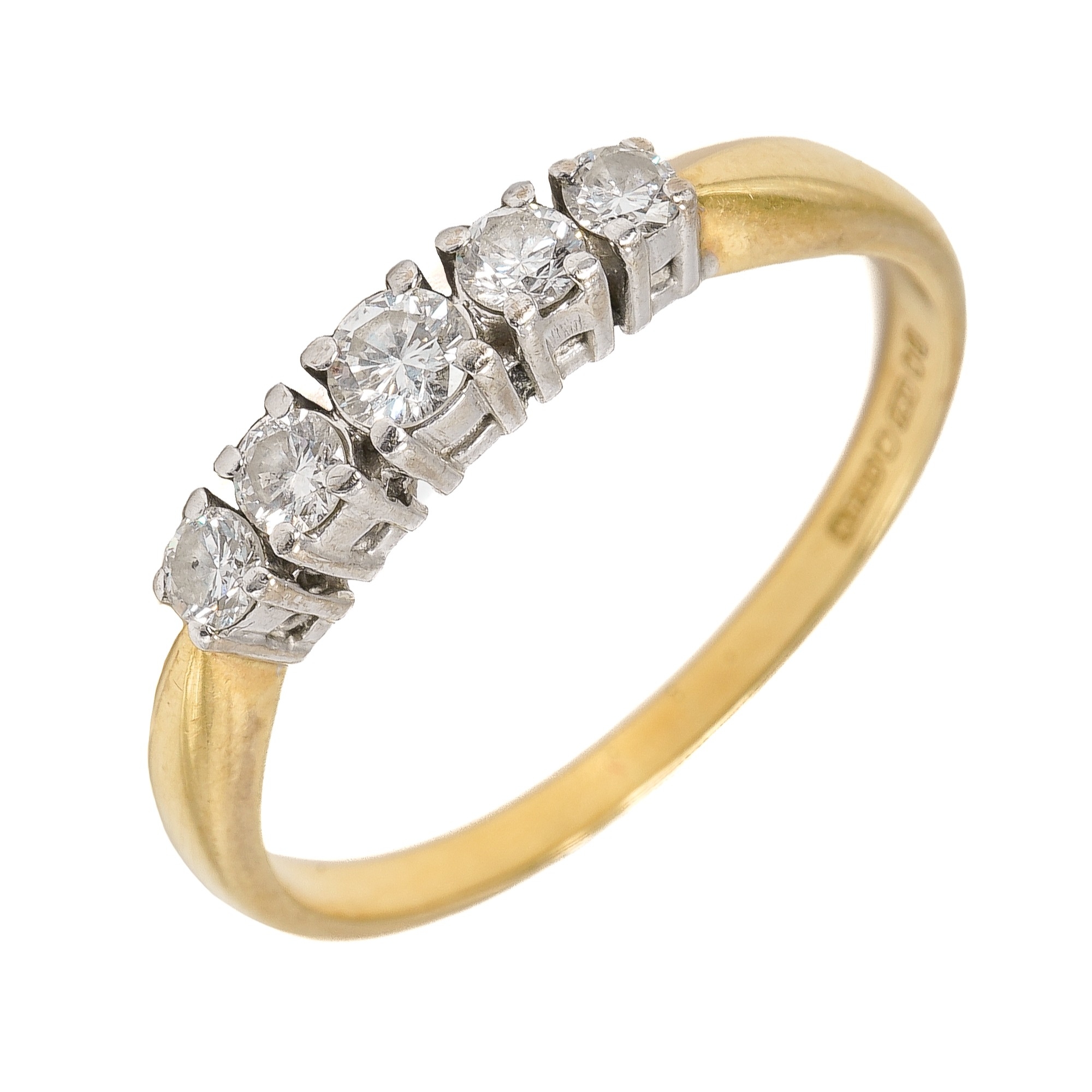 An 18ct yellow gold and diamond five stone ring, set with graduated round brilliant cut diamonds,
