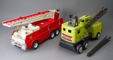 Tonka Toys. A large scale fire engine missing one ladder with a green Power House Earthmovers