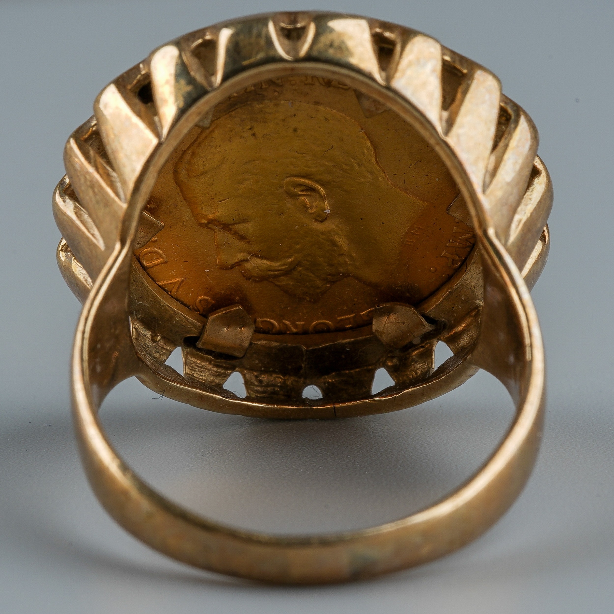 A George V 1912 half sovereign, mounted in a 9ct gold ring, size Q, total gross combined weight - Image 3 of 5