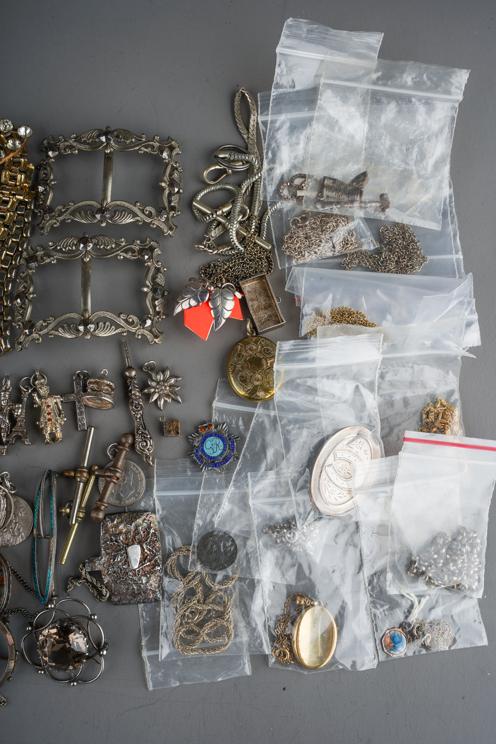 A collection of silver and white metal jewellery, including chains, watch chains, brooches, - Image 4 of 4