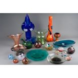 Assorted glass paperweights and Studio style vases and bowls (1 box)