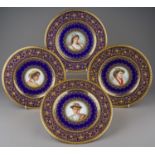 Four Cabinet Plates with hand Painted Portraits after Adrian Bonifazi and H Ballheim. Raised gilding