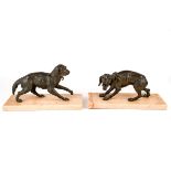 Pair of antique animalier bronze dogs on marble bases, circa 1890s, bases measure 28 x 12 cm In good