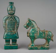 Two oriental/ Chinese carved hardstone figures in form of a horse and a figure, figure approx. 11 cm