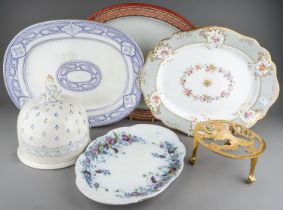 Four large meat plates, lion kettle stand and Crown Devon cheese dish (6) wear commensurate with age