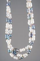 Cultured Pearl Necklace with clasp marked 14K. Twin pearls in three colours, white, pink and blue In