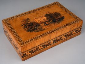 Tunbridge ware castle top jewellery box, interior velvet lined for rings and jewellery. The top