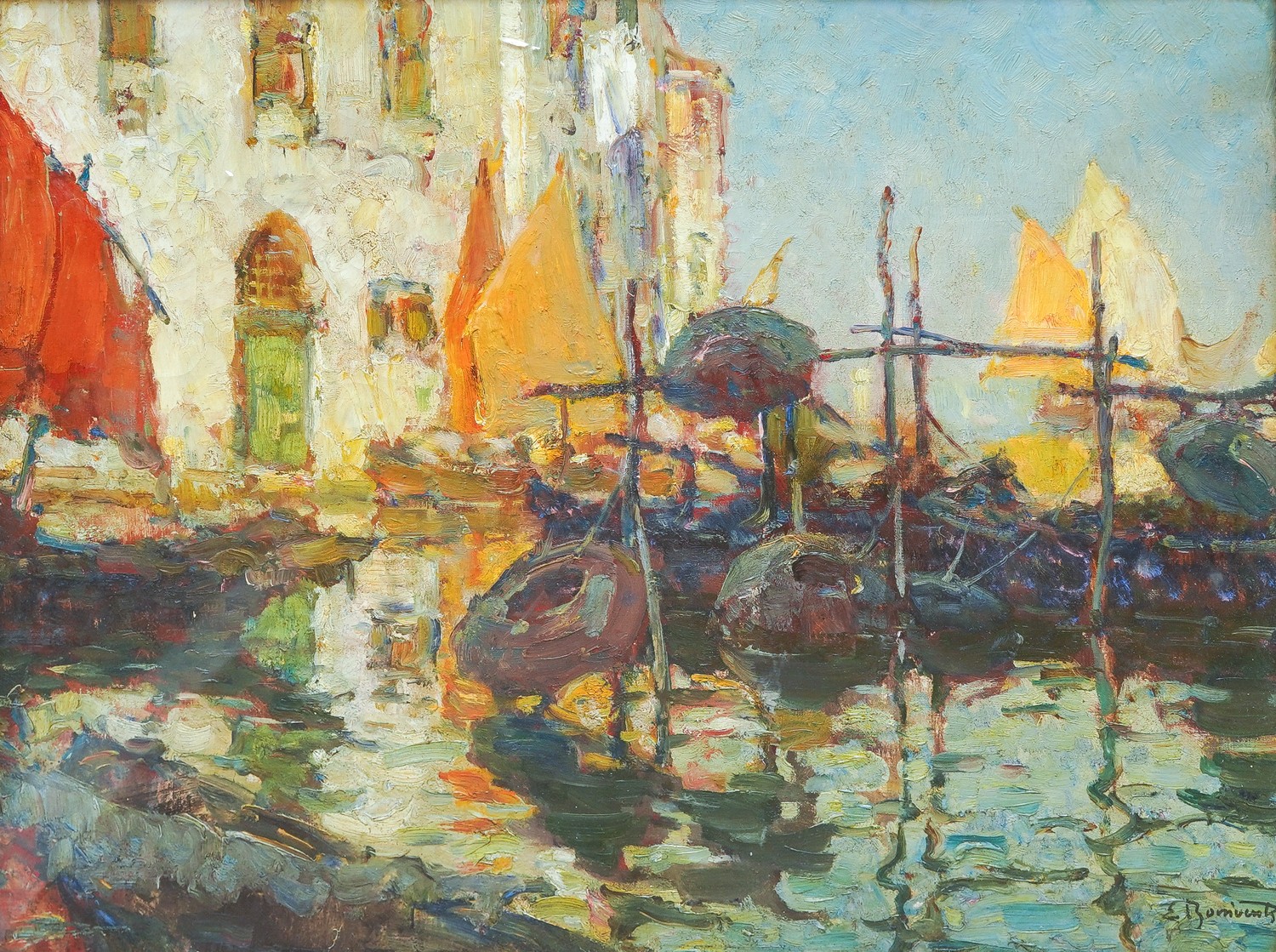 Continental School (20th Century) Harbour Scene impasto oil on canvas, 42.5 x 55cm signed