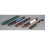 Five Pelikan fountain pens, each cover band stamped PELIKAN, colour combinations include: burgundy &