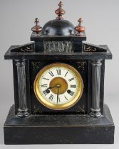 A Victorian ebony cased mantle clock, Doric Temple with domed top and column supports, cream dial