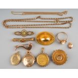 A group of gold jewellery, including 9ct gold lockets, Victorian brooch, Edwardian peridot and