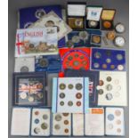 Collection of commemorative coinage and proof sets including 1 ounce Britannia silver coin, silver