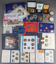 Collection of commemorative coinage and proof sets including 1 ounce Britannia silver coin, silver