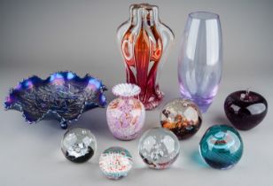 Collection of coloured glass to include paperweights, carnival glass bowl etc. (1 box)