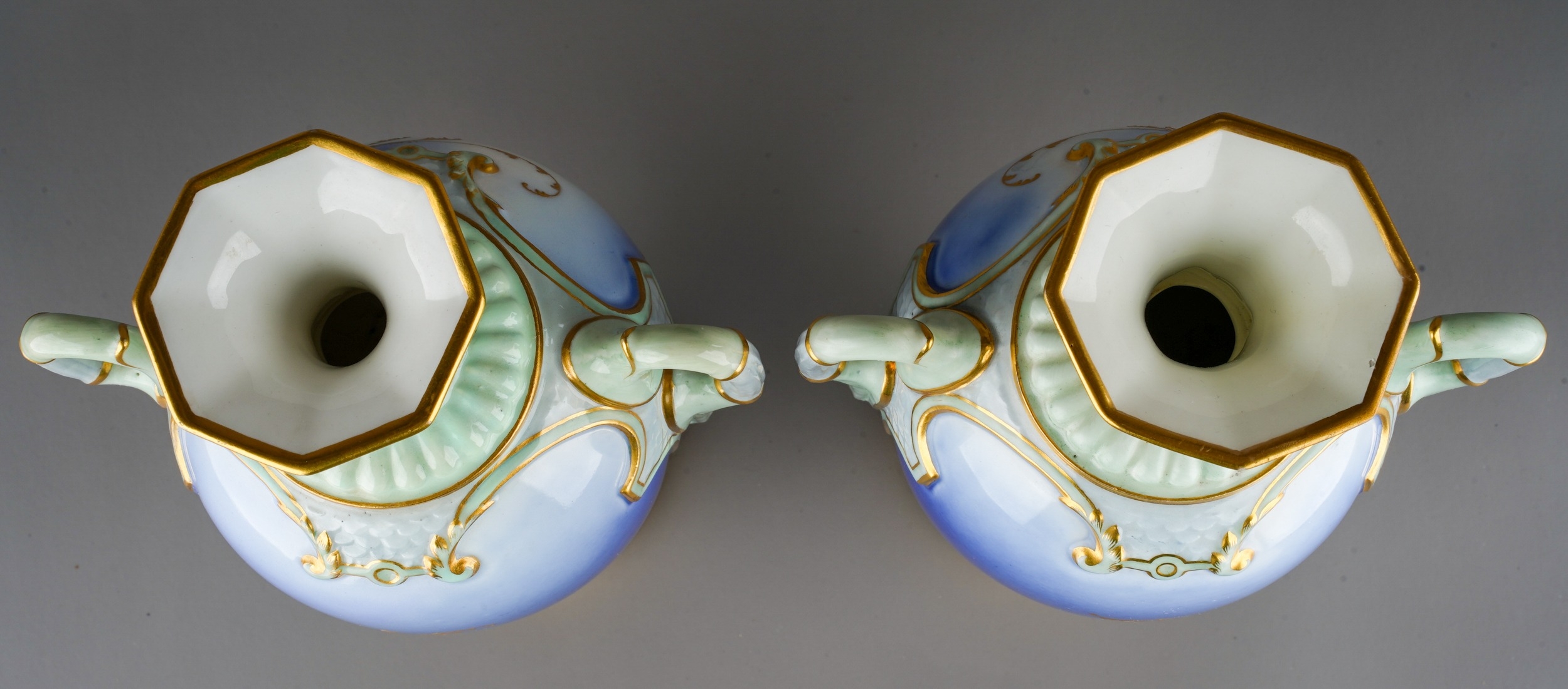 A pair of early 20th Century Royal Worcester vases, shape no: 2256, with flared octagonal necks, the - Image 3 of 4