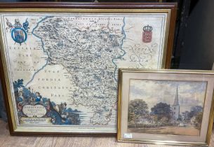 A framed reproduction of a 1648 Johan Blaeu map of Derbyshire and an early 20th Century