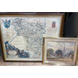 A framed reproduction of a 1648 Johan Blaeu map of Derbyshire and an early 20th Century