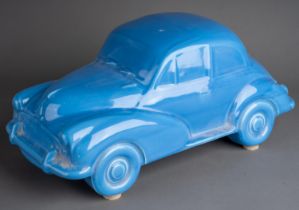 A large Dartmouth style model of a blue Morris Minor 1000, approx 36cm long appears to be in good