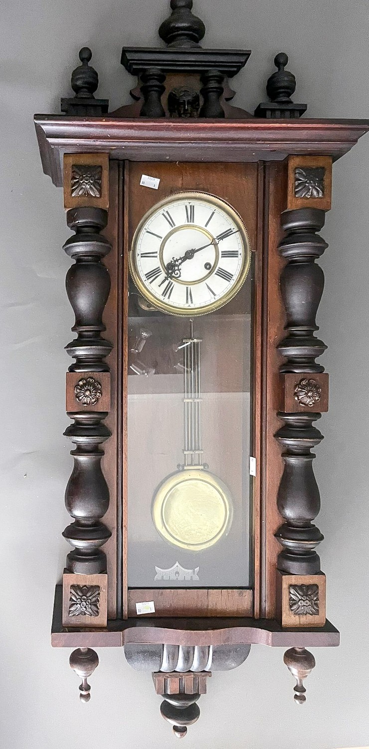 A Viennese Regulator style mahogany cased regulator, turned side supports, surmounted by