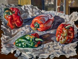 Fred Whicker (British, 20th Century( Red Peppers oil on board, 31 x 40cm signed lower right,