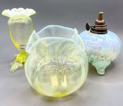 3 opaline / uranium glass pieces to include 2 vases and a small oi lamp base, tallest approx. 11