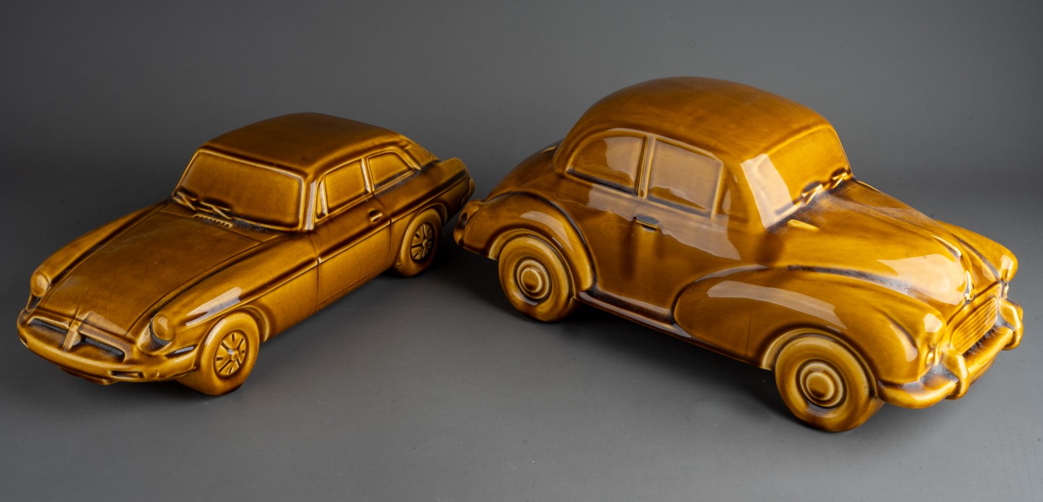 Two large Dartmouth style mustard models of cars to include a MG and Morris Minor 1000 (both with - Image 2 of 2