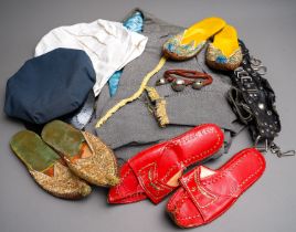 Assorted vintage clothing, materials, wooden coat hangers, hats, shoes etc (fancy dress
