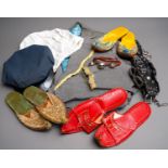 Assorted vintage clothing, materials, wooden coat hangers, hats, shoes etc (fancy dress