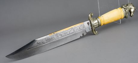 Bowie knife. Circa 1886 with horse head pommel, which is solid silver hallmarked, as is the cross