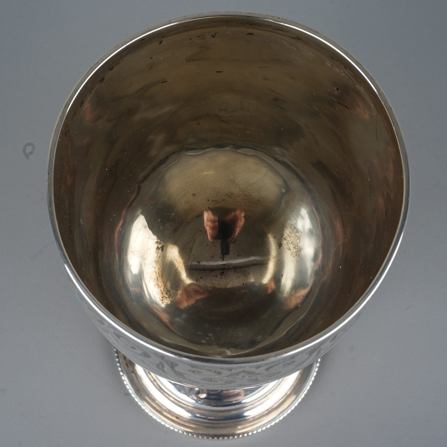 A Victorian silver goblet, engraved scrolling detail, vacant cartouche, on a stepped circular - Image 3 of 5