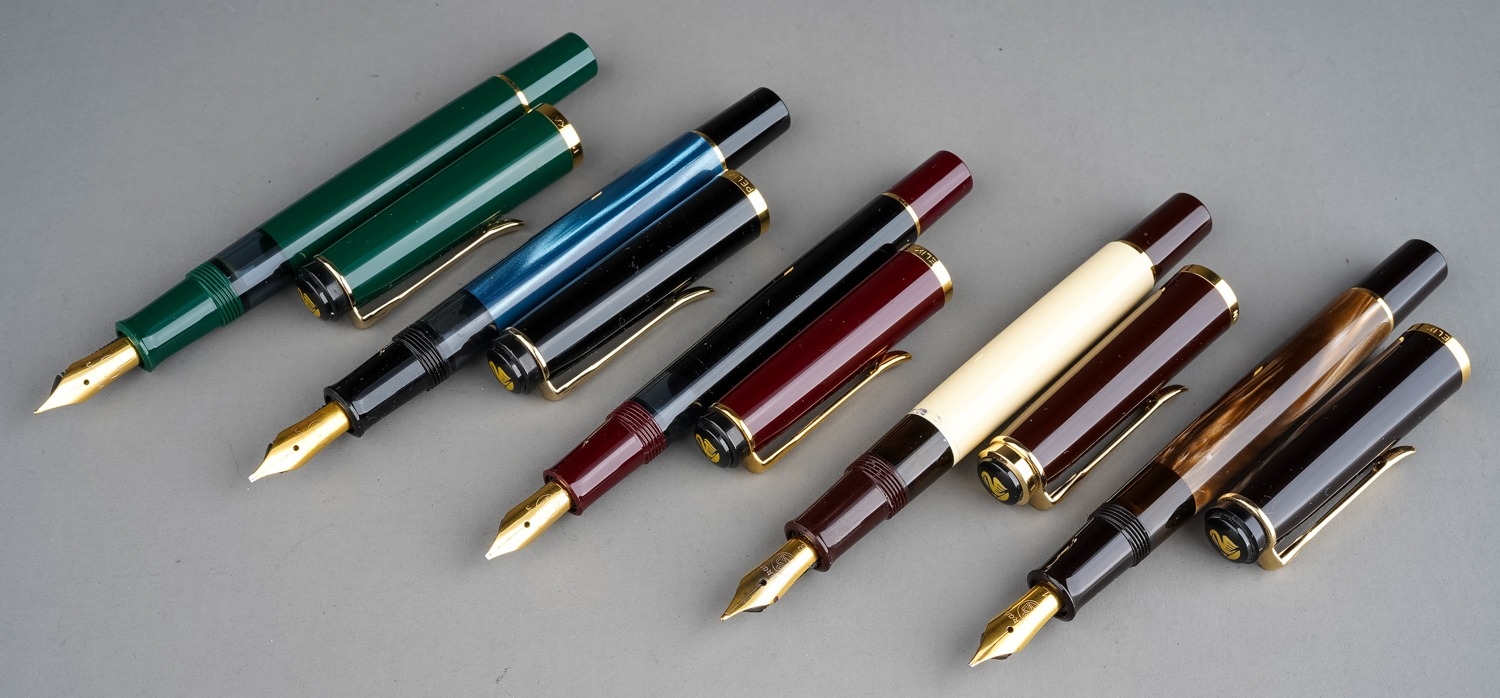 Five Pelikan fountain pens, each cover band stamped PELIKAN, colour combinations include: burgundy & - Image 3 of 5
