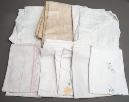 Assorted vintage mainly linen or cotton or damask table (table clothes, runners etc) and bed