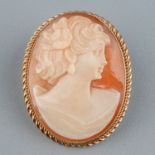 A 9ct gold and shell cameo brooch, carved depicting the portrait of a lady, in a gold mount, gross