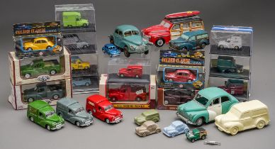 A collection of various Morris Minor diecast vehicles and ceramic ornaments plus a tray of 6