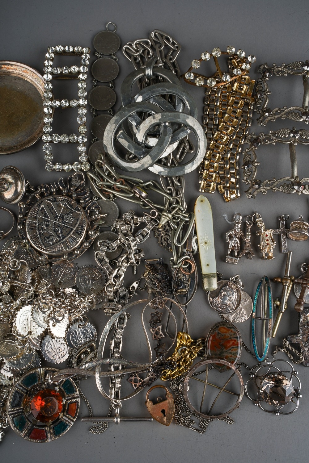 A collection of silver and white metal jewellery, including chains, watch chains, brooches, - Image 3 of 4