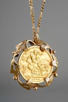 A 1966 sovereign mounted in a pendant on chain, total gross weight approx 15.6g Good condition, wear