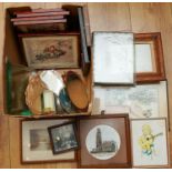 Assorted framed prints, glass coasters etc