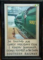 A reproduction framed colour Southern Railway poster - "I'm taking an early holiday I know summer